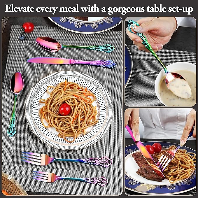 Silverware Set, 30 Pieces Retro Royal Silverware Set for 6, Baroque-style Stainless Steel Flatware Set Including Fork Spoon and Knife, Dishwasher Safe, Rainbow