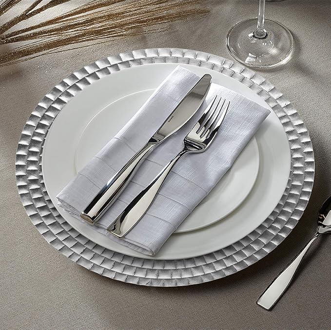 Charge It by Jay Linear Charger Plate 13” Decorative Melamine Service Plate for Home, Professional Dining, Perfect for Upscale Events, Dinner Parties, Weddings, Banquets, Catering, 1 Piece, Silver