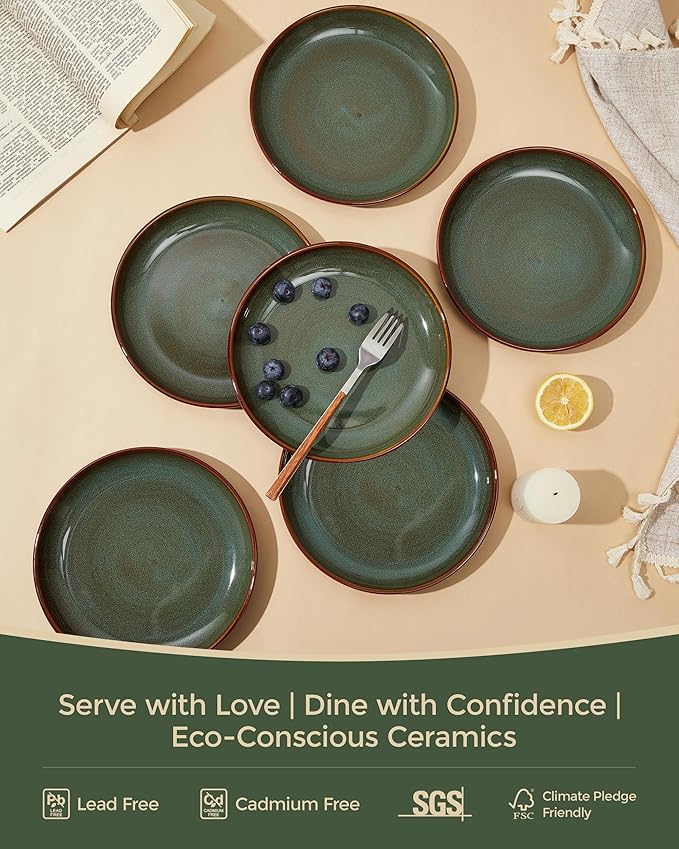 Stoneware Dessert Pates 8 Inch, Microwave Safe Plates, Reactive Glaze Small Dinner Plate, Scratch Resistant and Dishwasher Safe, Brown Green