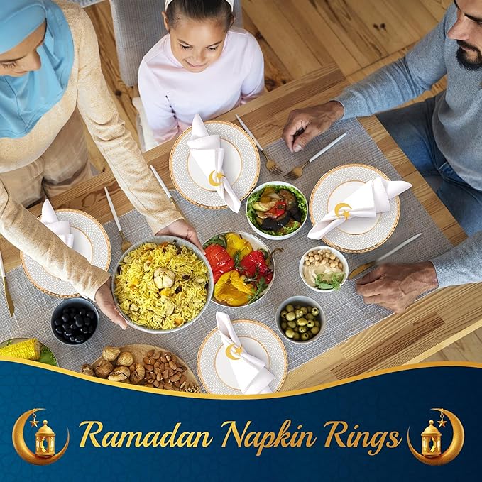 APTWOW Gold Ramadan Bismillah Napkin Rings Set of 6 - Eid Mubarak Napkin Holder, Moon and Star Metal Napkin Rings for Ramadan Banquet Party Dining Table Decoration