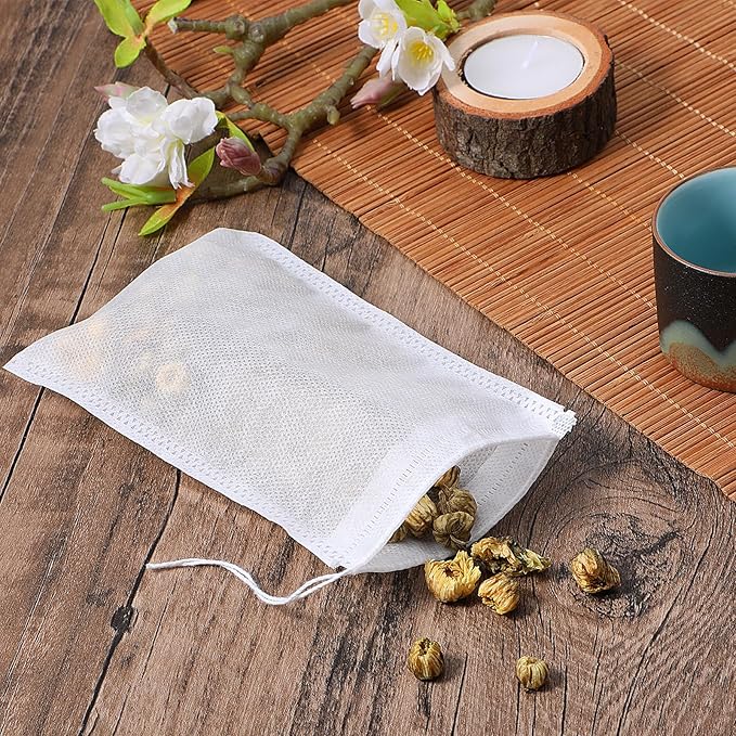 100 Pack Tea Filter Bags Tea Bag Empty Spice Bags for Cooking, Disposable Mesh Filters Drawstring Bag for DIY Craft Spices Coffee Storage Wedding Party Favor (4 x 5.9 Inches)