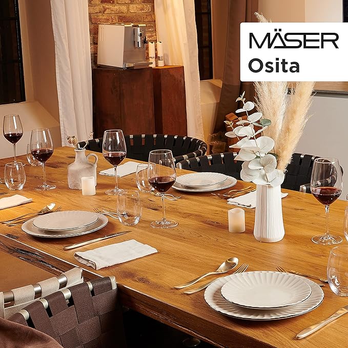 MÄSER Osita Retro 931967 Series Dinner Service for 6 People with Wave Shape, 18-Piece Round Tableware Set with Dinner Plate, Dessert Plate and Cereal Bowl, Dinnerware Set, Stoneware, Cream White