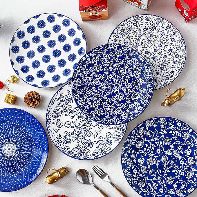 Ceramic Dinner Plates Set - 10.5 Inch Large Kitchen Porcelain Salad Serving - Scratch Resistant Microwave Oven Dishwasher Safe - Dishes for Pizza Pancakes Pasta Steak - Set of 6 - Vintage Blue