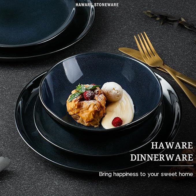 HaWare Plates and Bowls Set, Stoneware Dinnerware Sets, 16-Piece Hand-painted Dishware for 4, Ceramic Dish Set for Home Kitchen, Scratch Resistant, Microwave and Dishwasher Safe, Reactive Starry Blue