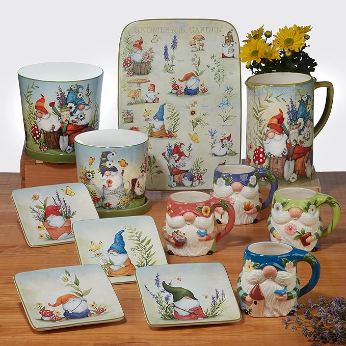 Certified International Garden Gnomes 6" Canape/Luncheon/Appetiser Plates, Assorted Designs, Small, Multicolor, Set of 4