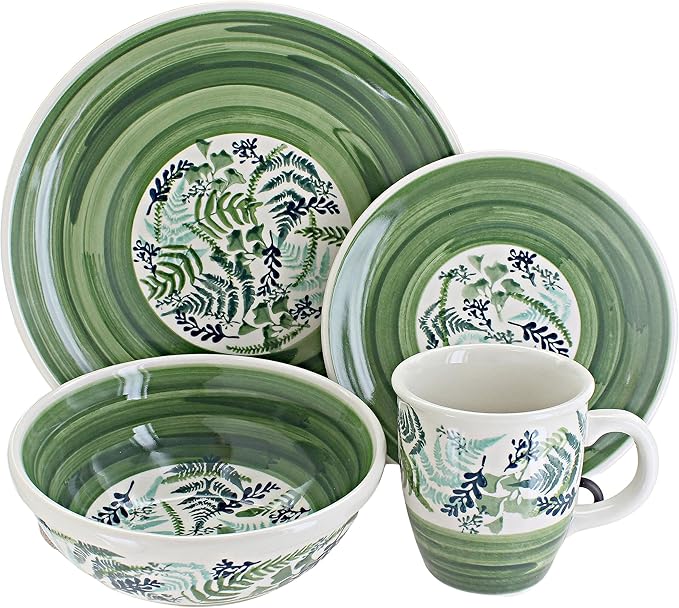 Blue Rose Polish Pottery - Green Floating Fern 16 Piece Dinner Set - 4 Place Settings - Great for Everyday Dining, Casual Dining, or as Formal Dinnerware