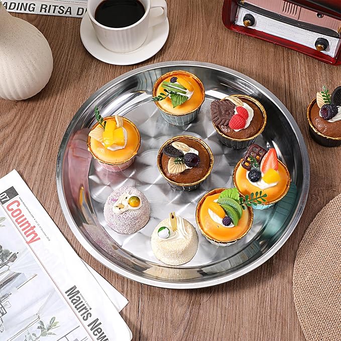 10 Pack Stainless Steel Round Serving Tray, 12 Inch Silver Serving Bar Serving Platter Sturdy Silver Metal Display Tray for Coffee Table Party Club Home Ottoman