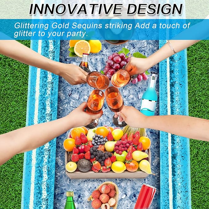 3 Pcs Inflatable Serving Bar Salad Ice Tray Food Drink Candy Buffet Containers Picnic Pool Inflatable Cooler with a Drain Plug and a Hand Pump, 53 x 23.6 x 4.7 Inch(Blue)