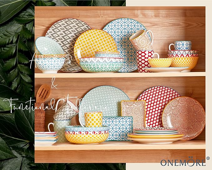 ONEMORE Colorful Dinner Plates Set of 6,10.5 inch Porcelain Salad Plates - Microwave, Oven & Dishwasher Safe Large Ceramic Plate for Pasta, Pizza - Geometric Style Scratch Resistant - Assorted Colors