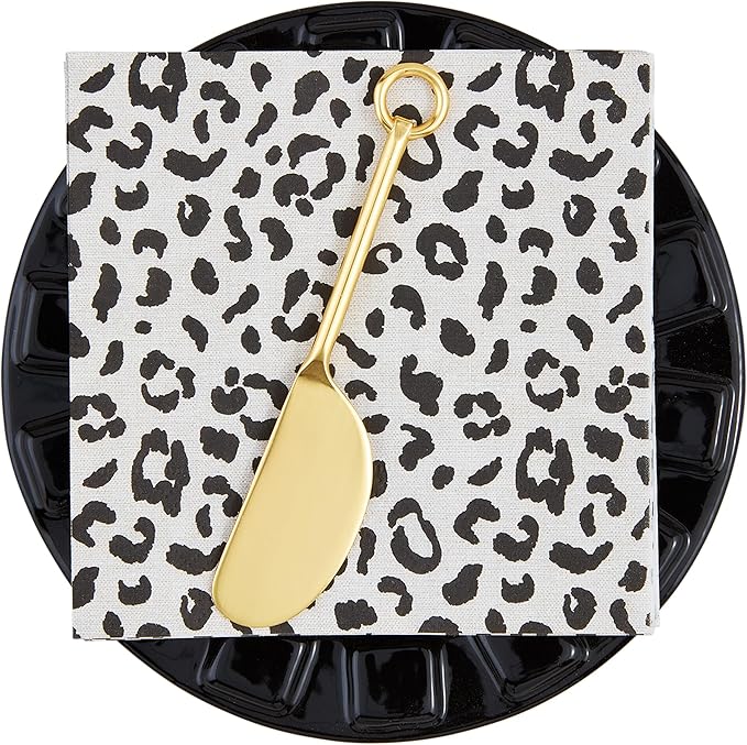 Mud Pie Leopard Black Appetizer Set; plate 6 1/2" dia | napkin 5" x 5" | spreader 5 1/2"