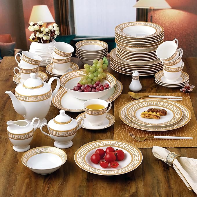 G1347-57G, 57-PCs Bone China Porcelain Dinnerware Set, Antique Greek Designed Tableware Set, Dining Table Setting for 8, Set of 57