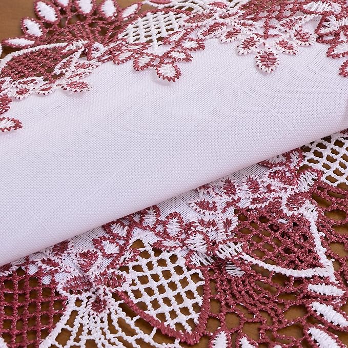 White Dark Red Linen Lace Doily 15 inches Round Neutral Earth Tones Beige Lace Coffee Table Topper Dresser Scarf Place Mats (Dark Red, 15” Round)