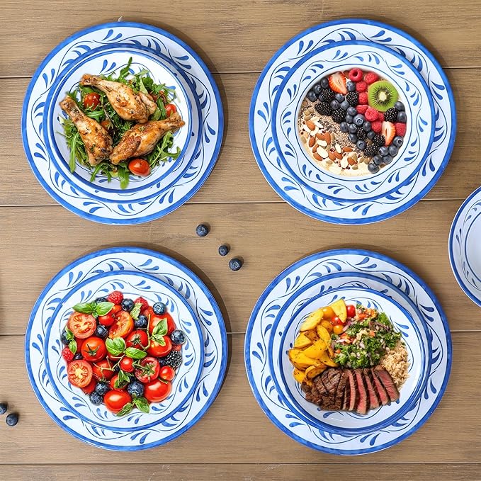 Melamine Dinnerware Sets 12 Pcs, Melamine Plates and Bowls,Party Plates and Bowls Sets, Camping Dishes Set for 4, Unbreakable, BPA Free, Dishwasher Safe (Blue water drop flower)