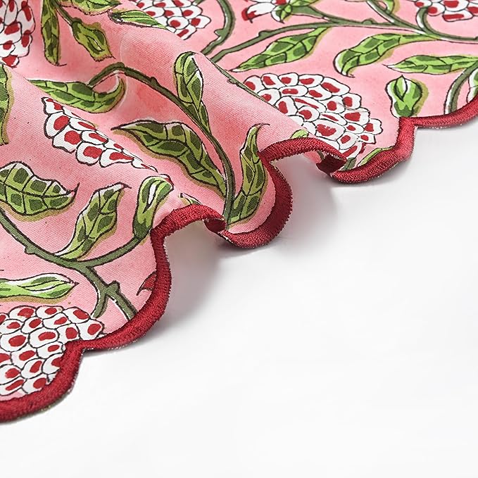 Ridhi Hand Block Print Strawberry Pink 18" x 18" (Set of 4) Embriodery Table Napkins Reusable Cotton Dinner Napkins for Weddings, Parties, Everyday Dining Gift for Spring, Easter, Valentine