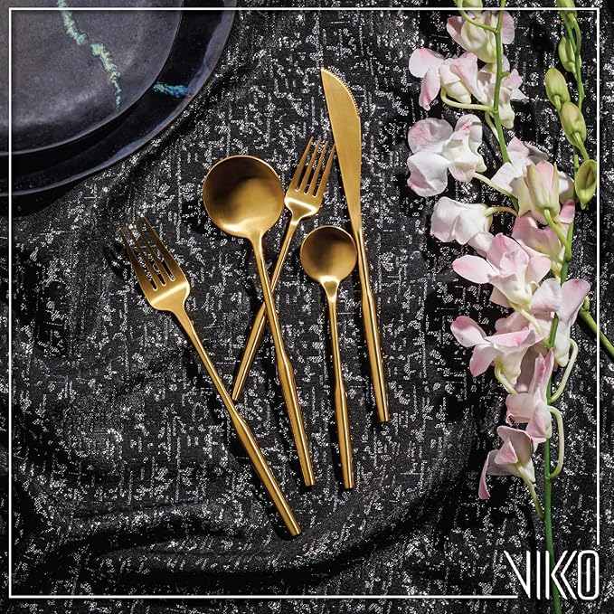 Vikko Modern Gold Silverware Set: Unique Brushed Gold Flatware Set - Satin Matte - 18/10 stainless steel flatware For Upscale Dining and Entertaining- 20 Piece Cutlery Set - Service for Four (4)