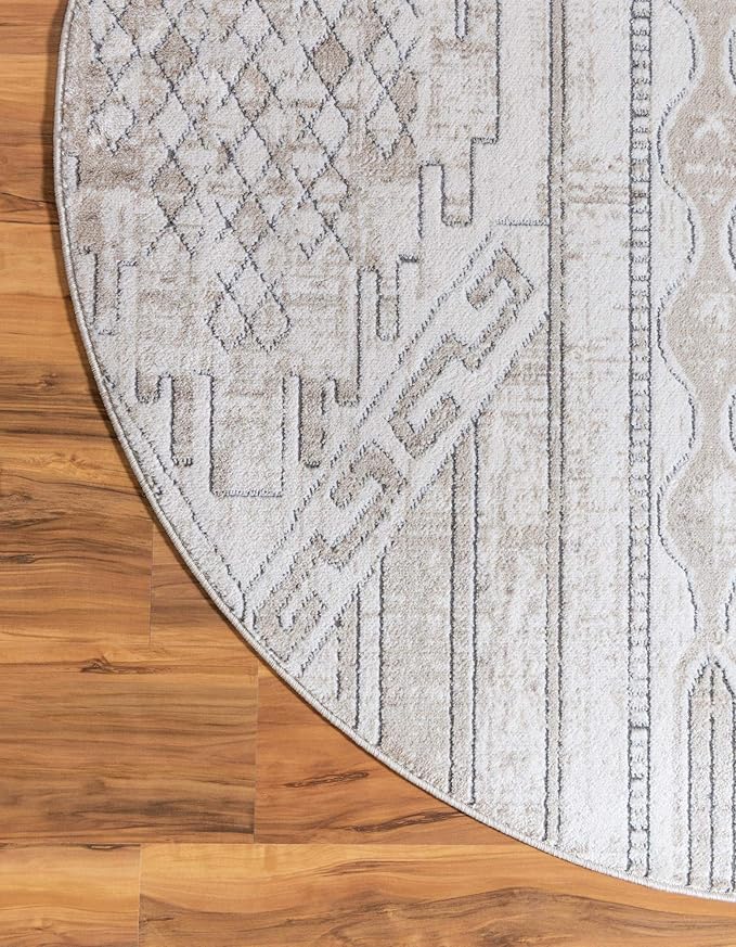 Rugs.com Oregon Collection Rug – 7 Ft Round Ivory Low-Pile Rug Perfect for Kitchens, Dining Rooms