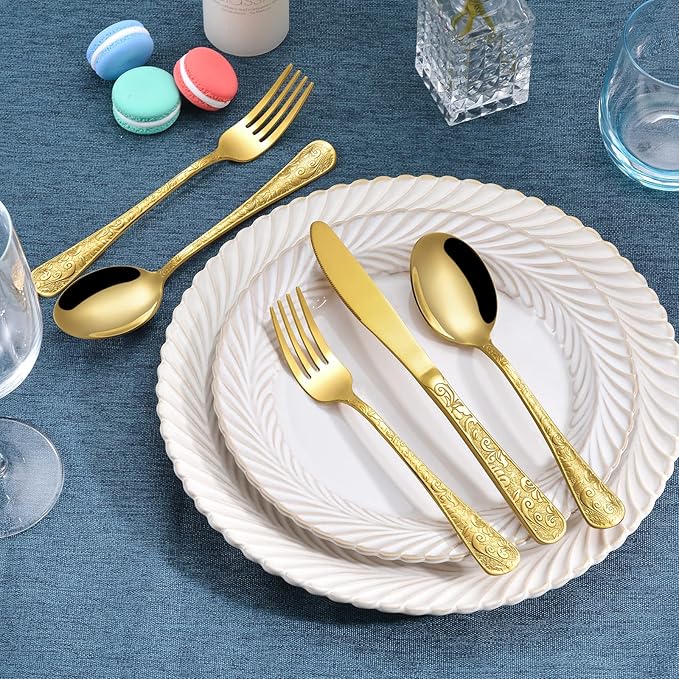 20-Piece Vintage Carved Gold Silverware Set, 18/10 Stainless Steel Flatware Set for 4, LaienLife Mirror Polished Modern Gold Utensils, Including Forks Spoons Knife for Home & Kitchen, Dishwasher Safe