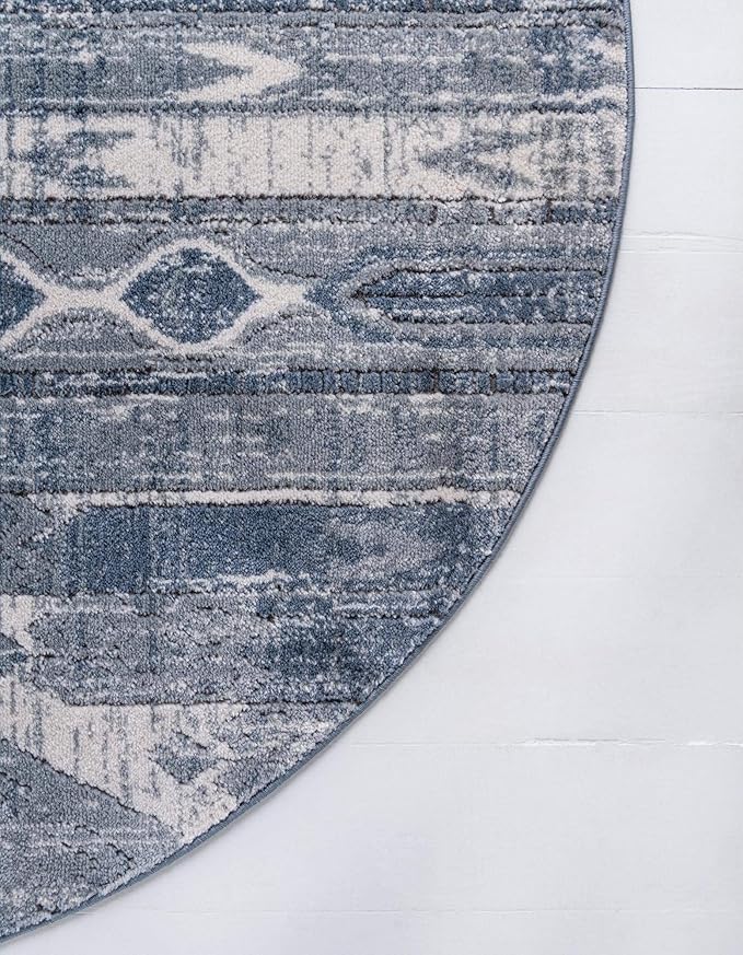 Rugs.com Oregon Collection Rug – 7 Ft Round Light Slate Blue Low-Pile Rug Perfect for Kitchens, Dining Rooms