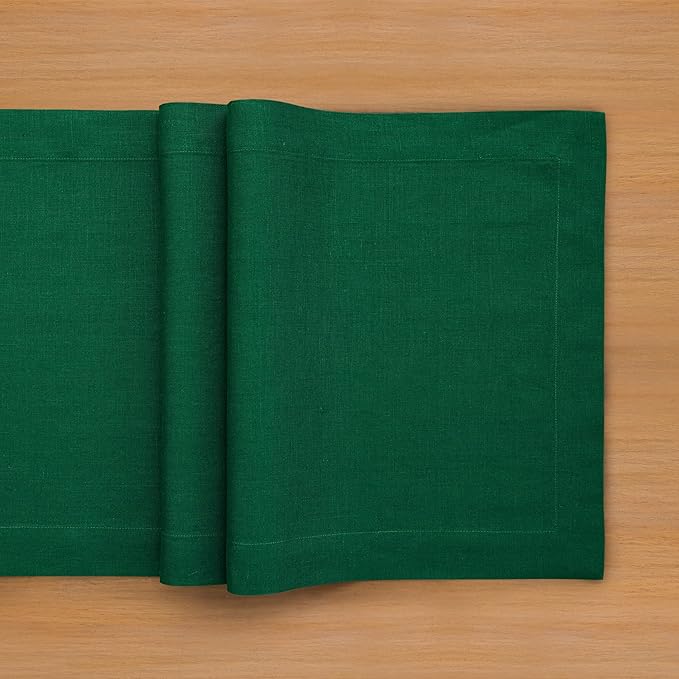 Solino Home Linen Christmas Green Table Runner 132 Inches Long - 100% Pure Linen Extra Long Table Runner 14 x 132 Inch - Fete