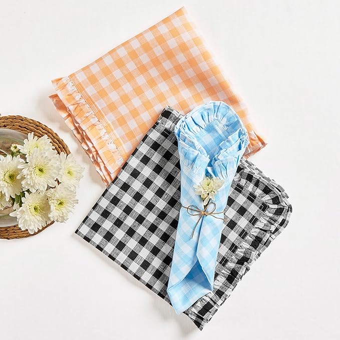 Solino Home Linen Gingham Check Dinner Napkins 20 x 20 Inch - 100% Pure Linen Sunny Orange Plaid Cloth Napkins Set of 4 - Gingham Ruffle, Handcrafted and Machine Washable
