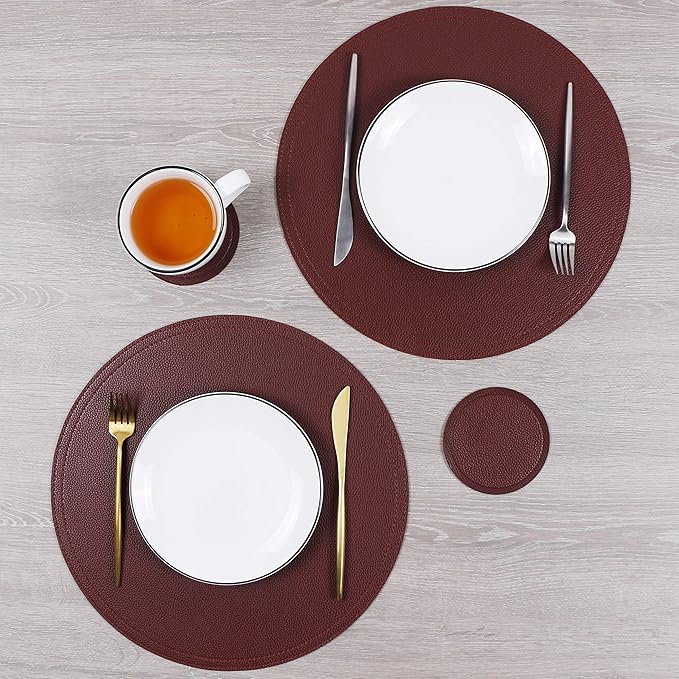 Faux Leather Round Placemats and Coasters, Coffee Mats Kitchen Table Mats, Waterproof, Easy to Clean for Round Table, Dining Table