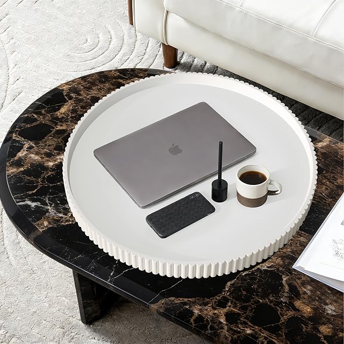 24" Round Extra Large Ottoman Serving Tray - Rustic Wooden Table Tray for Farmhouse Decorative Oversized Coffee Table Trays Living Room Kitchen Counter Breakfast White