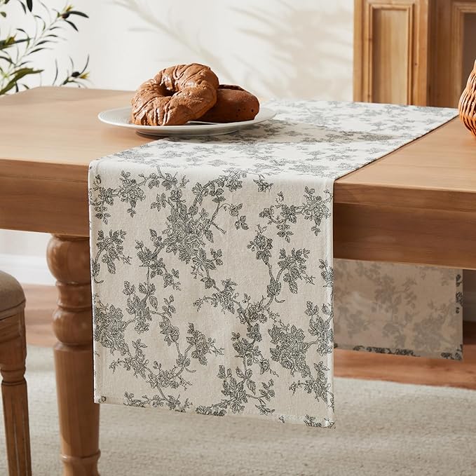100% Cotton French Pastoral Table Runners, 13x72 Inch Black Farmhouse Table Runners 72 Inches Long, Vintage Flowers Print Home Decors