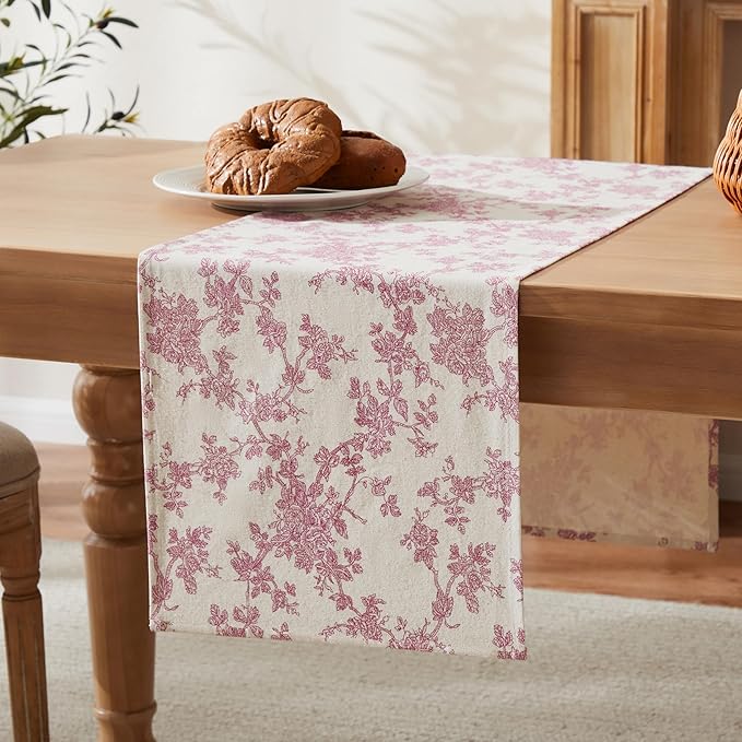 100% Cotton French Pastoral Table Runners, 13x60 Inch Pink Farmhouse Table Runners 60 Inches Long, Vintage Flowers Print Home Decors