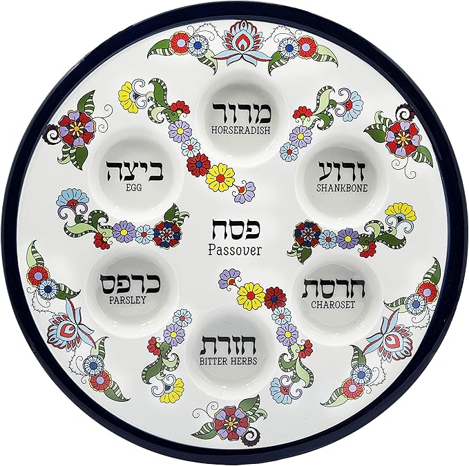 The Dreidel Company Ceramic Seder Plate Renaissance Design Passover Plate, 12" Inch Diameter - Blue (Turquoise Floral Design)