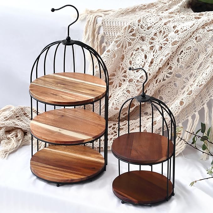 8.2-inch by 18.5-inch and a 6.5-inch by 13.5-inch 3-Layer Acacia Wood 2-Layer Acacia Wood Birdcage-Shaped Dessert Serving Tray Display Stand, Suitable for Decoration of Wedding Reception Tables