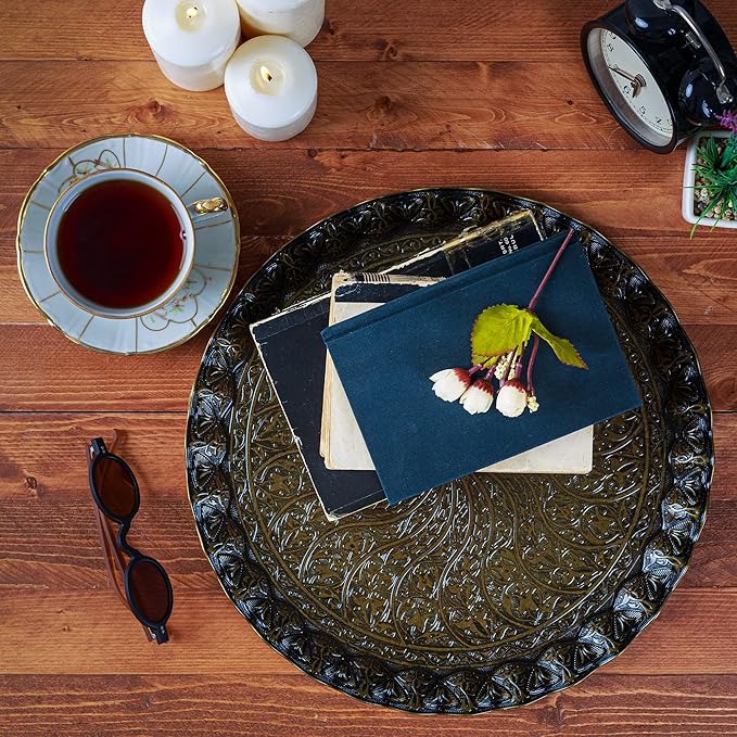 Coffee Tea Beverage Serving Tray, Vintage and Fancy Round Design (Antique Gold)