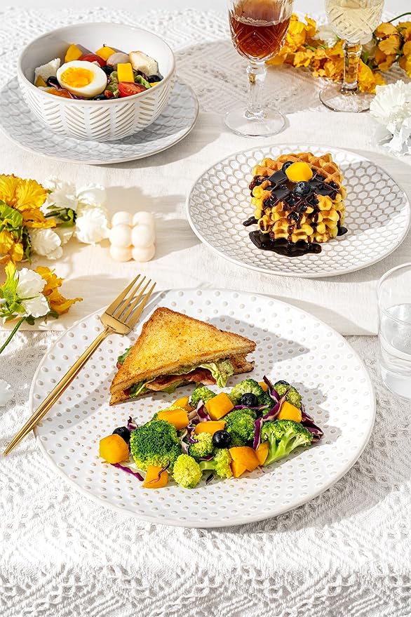18-Piece Embossed Ceramic Dinnerware Set–6 Dinner Plates,6 Salad Plates,6 Pasta Bowls,Elegant & Durable Tableware,Dishwasher & Microwave Safe,Perfect for Family & Entertaining