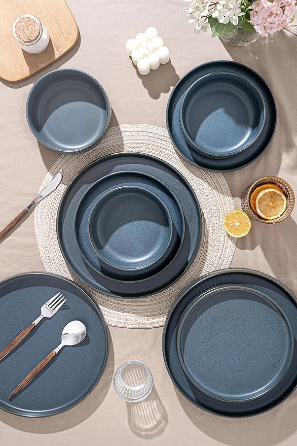 Dinnerware Sets for 4,Microwave Safe Plates and Bowls Sets,12 Piece Dylan Dish Set,Reactive Glaze Stoneware Dinnerware Set (Matte Reactive Sapphire Blue, Service for 4 (12pcs))