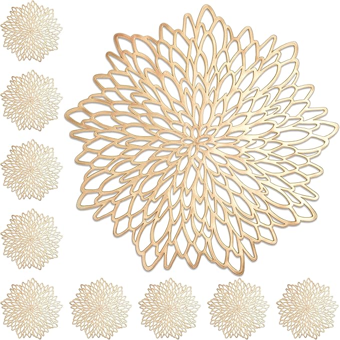 Juvale Gold Placemats - 14.4-Inch Round Vinyl with Leaf Design, Pack of 10 - Table Chargers for Dinner Table Decor