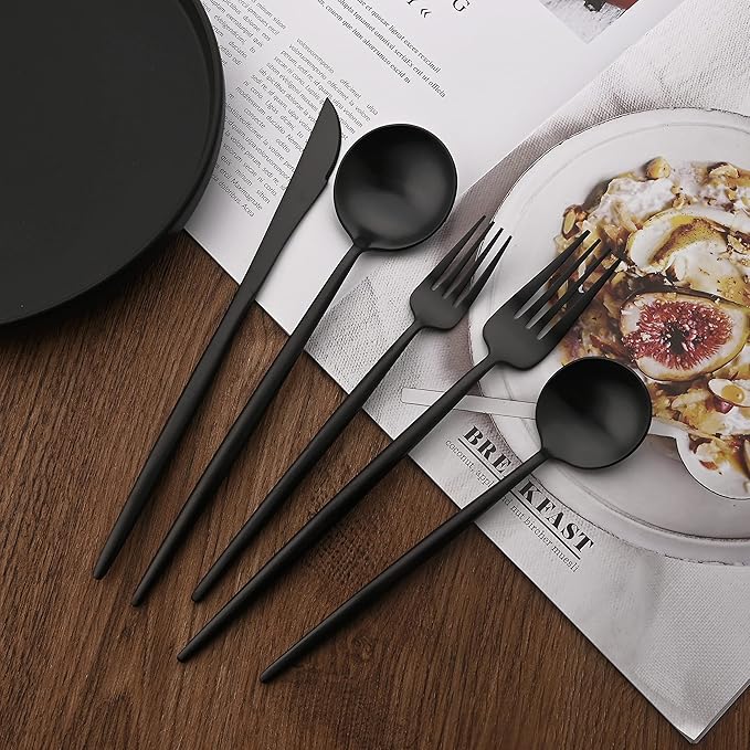 Flatware Set 18/10 Stainless Steel Matte Black - Kitchen Utensil Serving Set of Dinner Fork Knife Spoon Salad Fork Dessert Spoon,5 picec Set of 1, for Home Kitchen Restaurant Hotel