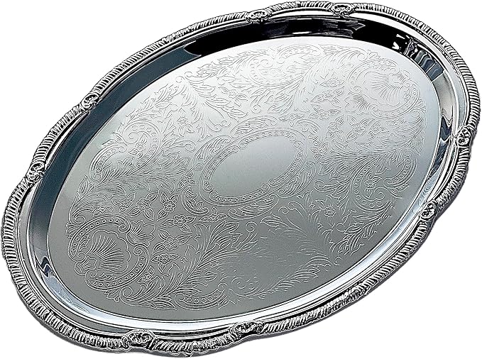 (Pack of 4) 14.7" x 10.6" Oval Shape Chrome Plated Serving Tray Plate Food Art Deco Floral Pattern Engraved Multi-Purpose Holiday Party Buffet Wedding Birthday (Large) T125L-4PK
