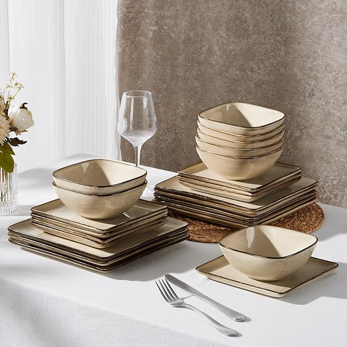 E-far Square plates and bowls Sets for 6, 18-Piece Reactive Glaze Stoneware Dinnerware Sets, Porcelain Dishware Sets for Kitchen Home, Microwave & Dishwasher Safe, Sandy Beige