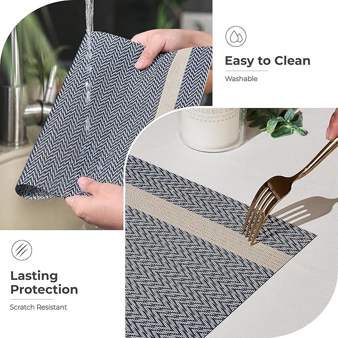 Leetaltree Sparkling Dark Blue Vinyl Woven Placemats Set of 12 - Washable Dining Table Place Mats Striped, Suitable for Wedding, Anniversary, Daily Use