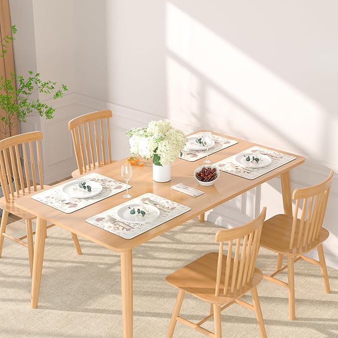 QIYI Placemats Set of 4, 12x18 Inch PU Leather Place Mats for Kitchen Dinning, Heat Resistant Anti Slip Floral Table Mats, Waterproof Wipeable Washable Placemat Party Beige Table Décor, Pink Flowers