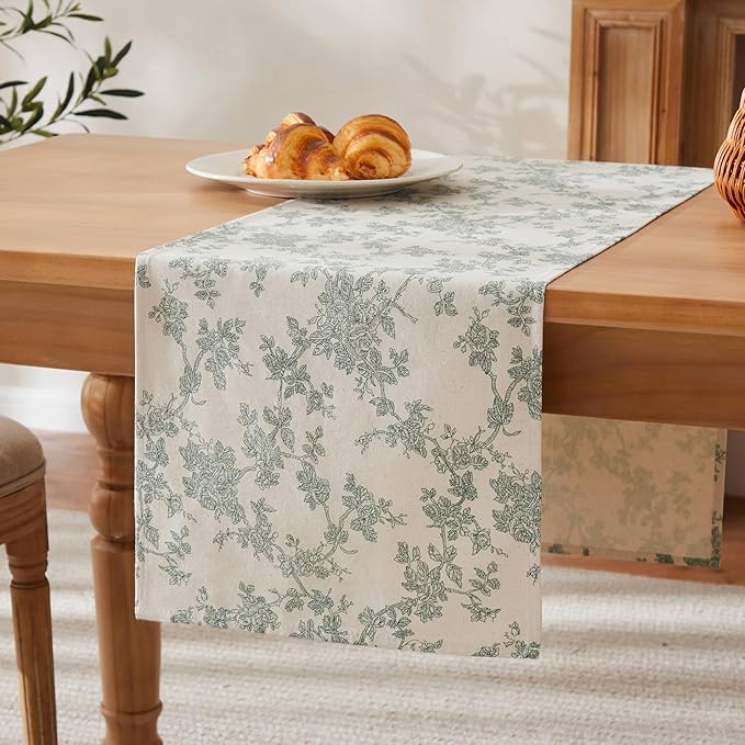 100% Cotton French Pastoral Table Runners, 13x108 Inch Vintage Green Farmhouse Table Runners 108 Inches Long, Vintage Flowers Print Home Decors