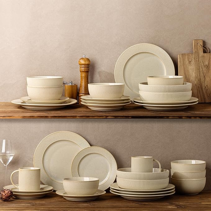 TheTerra Stoneware Dinnerware Sets for 6, 18 Pieces Ceramic Plates and Bowls Sets, Scratch Resistant Embossed Dish Set, Oven, Microwave & Dishwasher Safe, Cappuccino