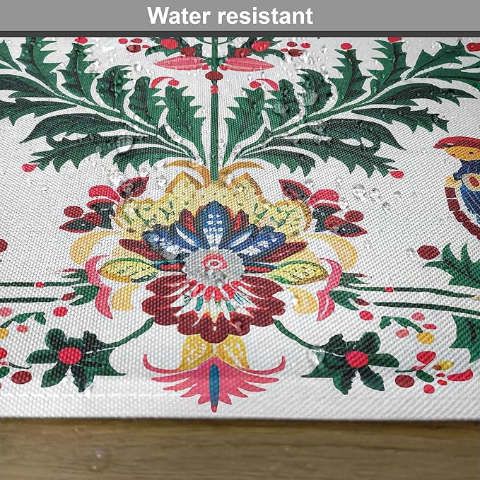 Ambesonne Christmas Place Mats Set of 4, Traditional Scandi Art of Xmas Berry Leaves Birds and Floral Colorful, Washable Fabric Placemats for Dining Table, Standard Size, Green White Multicolor