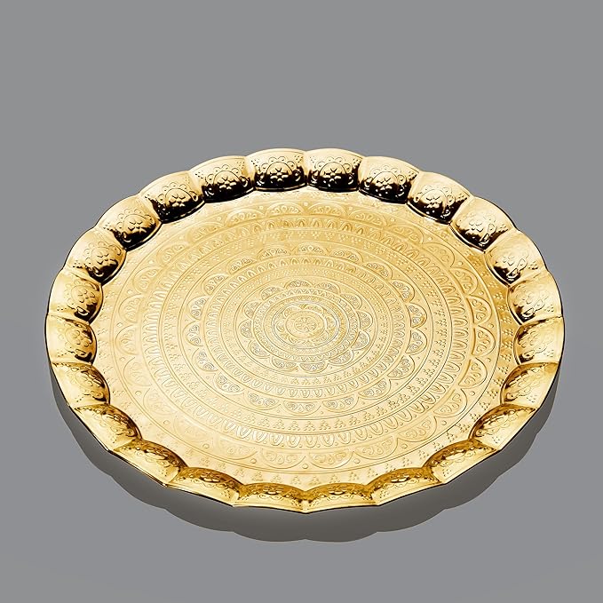 Alisveristime 6-Person Decorative Serving Tray – 13.77 inch Round Metal Plate with Ottoman Pattern Options (Gold)