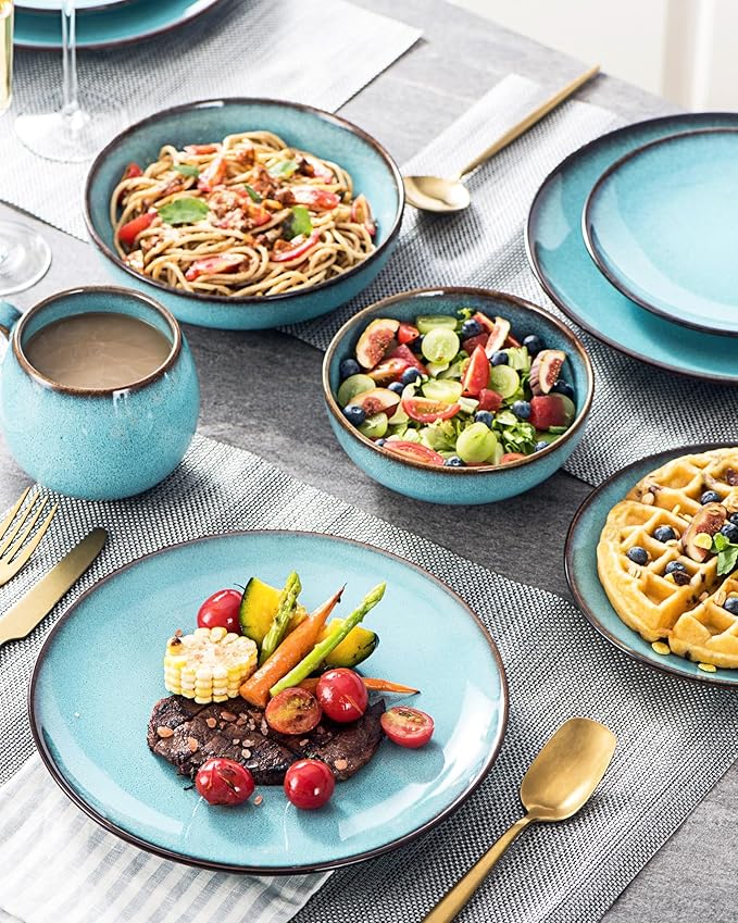 HENXFEN LEAD Dinner Plates Set of 4, Large Serving Dishes 10 Inch for Steak, Salad, Pasta - Stoneware Dinnerware Sets Dishwasher, Microwave, Oven Safe, Aqua