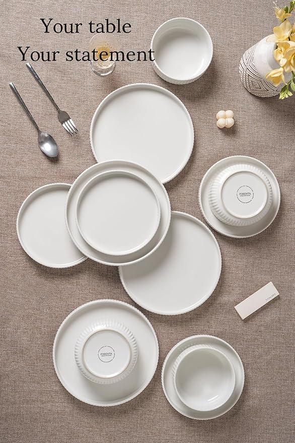 Dinnerware Sets for 4,Microwave Safe Plates and Bowls Sets,12 Piece Dylan Dish Set,Reactive Glaze Stoneware Dinnerware Set (Gloss Reactive Snow White, Service for 4 (12pcs))