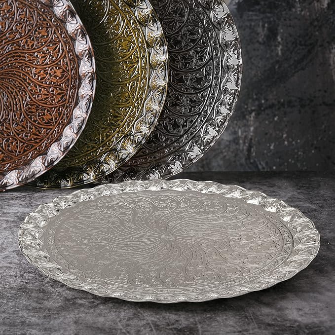 Coffee Tea Beverage Serving Tray, Vintage and Fancy Round Design (Bright Silver)