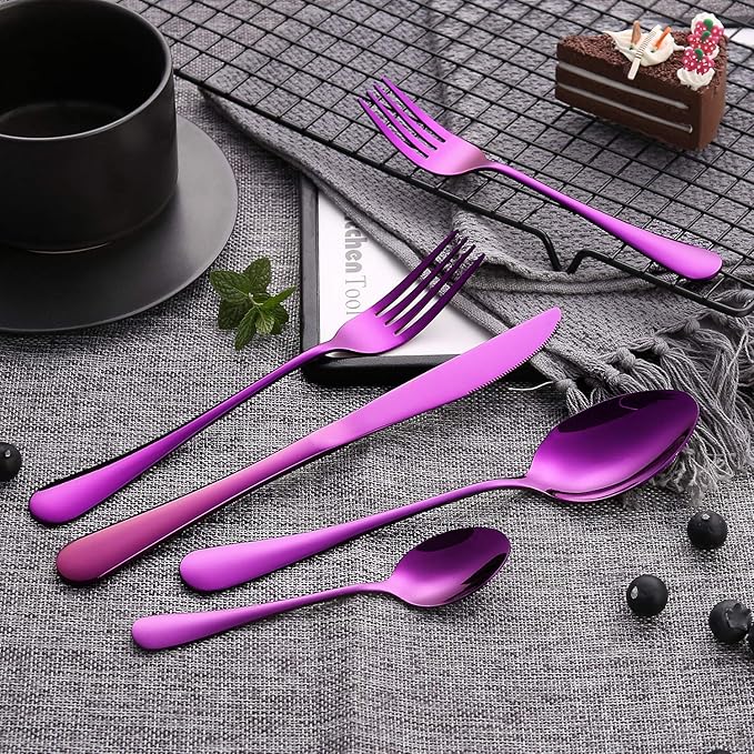 Silverware Set, 20-Piece Purple Flatware Cutlery Set Service for 4,Stainless Steel Kitchen Utensil Set Tableware Knife Spoon Fork Set for Home&Restaurant. Dishwasher Safe(Purple-20pcs set)