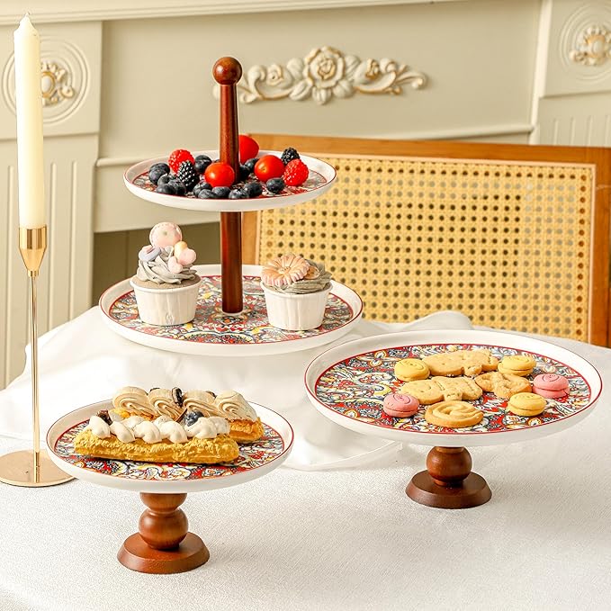 Ceramic Cake Stand with Elegant Wood Curved Footed, 8” Versatile Dessert Stand, 2-in-1 Dessert Table Display Set & Charcuterie Board for Birthday/Kitchen/Party/Charcuterie,Red