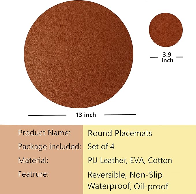 Wipeable Placemats and Coasters Leather Table Mats Waterproof Heat-Resistant Easy to Clean for Dining Table Set Kitchen Table Set of 4, Brown