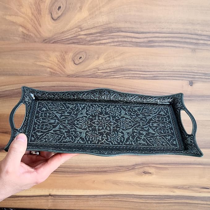 Metal Serving Tray with Raised Edges, Vintage Design Tray, Rectangular Metal Serving Tray, Decorative Serving Platter, Turkish Ottoman Coffee Tea Beverage Serving Square Tray (Smoke Gray)